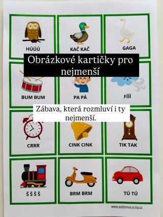 První slůvka 👦🏻👩🏻‍🦰👦🏼 často začínají zvuky a právě tyhle kartičky jsou na to ideální. Jednoduché obrázky, jasné citoslovce...